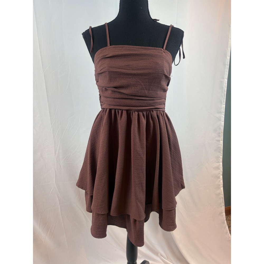 Brown Smocked Ruched Square‎ Neck Tiered Layered Mini Dress Tie Straps Size Med